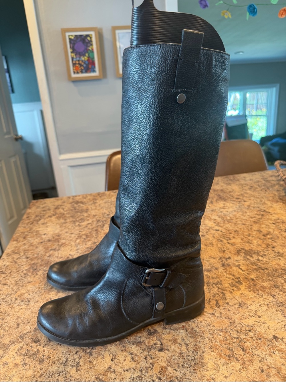 Bandolino Black Leather Mid-Calf Buckle Heeled Boots
